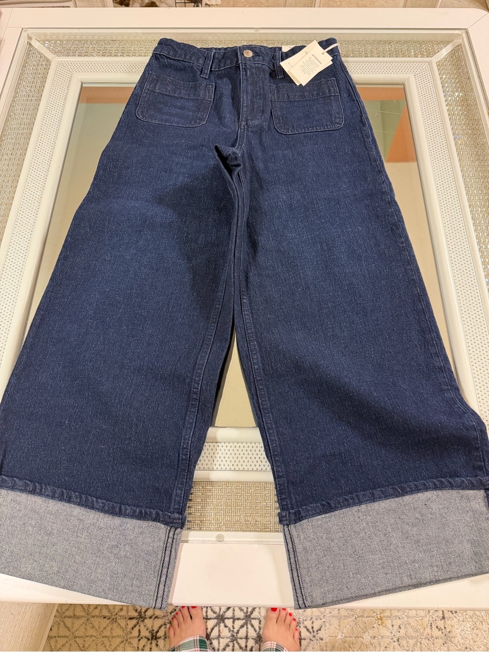 High-Rise Wide Leg Cuffed Jeans - Dark Blue